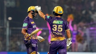 KKR batter Shardul Thakur being greeted by his teammate Rinu Singh after his half-century during IPL 2023 cricket match between Kolkata Knight Riders and Royal Challengers Bangalore at the Eden Garden (PTI) KKR batter Shardul Thakur being greeted by his teammate Rinu Singh after his half-century during IPL 2023 cricket match between Kolkata Knight Riders and Royal Challengers Bangalore at the Eden Garden (PTI)