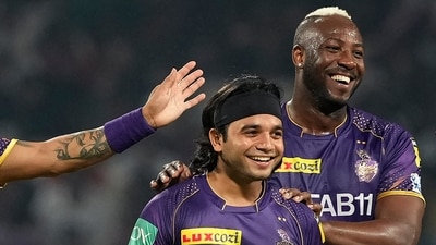 Kolkata: KKR bowler Suyash Sharma being greeted by teammates after he dismissed RCB batsman Karn Sharma during IPL 2023 cricket match between Kolkata Knight Riders and Royal Challengers Bangalore at the Eden Garden in Kolkata, Thursday, April 6, 2023. (PTI Photo/Swapan Mahapatra)  (PTI04_06_2023_000369B) (PTI)