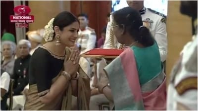 Raveena's post shows her posing with her family members - husband-producer Anil Thadani, son Ranbir Thadani, and daughter Rasha Thadani - outside the Rashtrapati Bhavan. She also posted a click with RRR director SS Rajamouli and two of herself receiving the Padma Shri Award from President Draupadi Murmu inside the Rashtrapati Bhavan. Keep scrolling to check out all the photos.&nbsp; (Instagram)