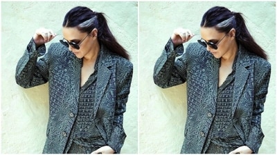 In tinted shades and black stilettos, Neha further accessorised her look for the day. “Born with a silver streak,” Neha captioned her pictures.&nbsp; (Instagram/@nehadhupia)