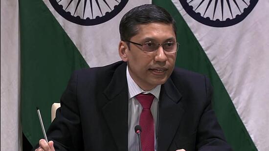 New Delhi, Feb 17 (ANI): Ministry of External Affairs (MEA) spokesperson Arindam Bagchi addresses a press conference, in New Delhi on Thursday. (ANI Photo) (ANI)