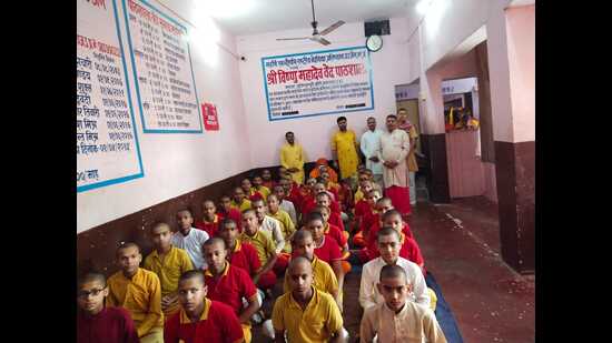 Students studying Sanskrit at a Sanskrit School in Prayagraj. (HT Photo)