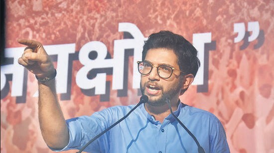 Thane, India - April 05, 2023: Aaditya Thackeray speaks during the Janprakshobh Morcha, a protest rally by MVA activists from Shivsena (UBT), NCP and Congress, against Thane Police for its failure to take action against the culprits who assaulted UBT woman activist Roshni Shinde, from Chhatrapati Shivaji Maharaj Ground to Thane Police Commissionerate Office, at Kharkar Ali Ground, in Thane, India, on Wednesday, April 05, 2023. (Praful Gangurde/HT Photo) (HT PHOTO)