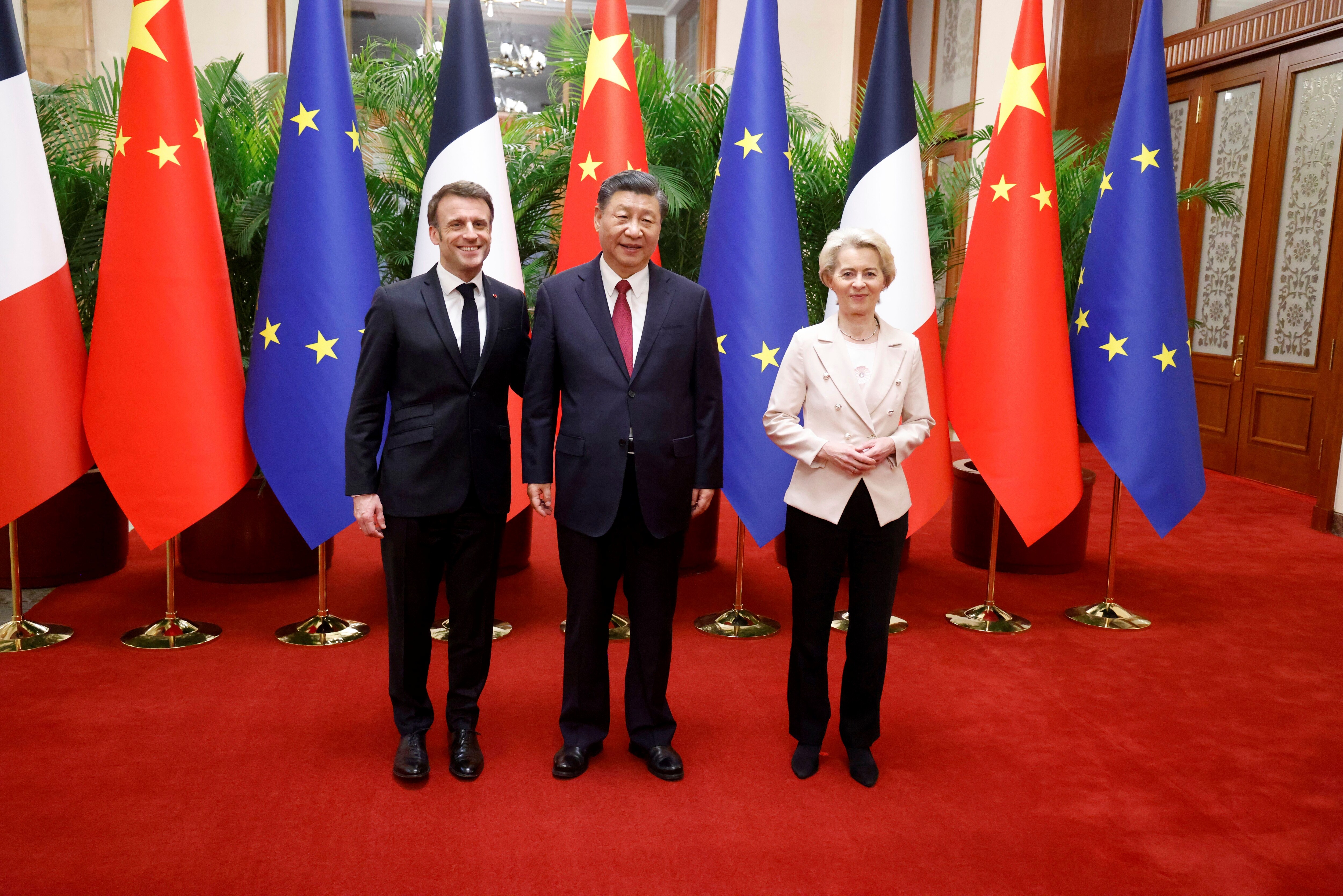 China's President Xi Jinping, center, his French counterpart Emmanuel Macron, left, and European Commission President Ursula von der Leyen meet in Beijing Thursday, April 6, 2023. (Ludovic Marin/Pool Photo via AP) (AP) China's President Xi Jinping, center, his French counterpart Emmanuel Macron, left, and European Commission President Ursula von der Leyen meet in Beijing Thursday, April 6, 2023. (Ludovic Marin/Pool Photo via AP) (AP)