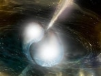 This image by the National Science Foundation show an artist's illustration of two merging neutron stars. The narrow beams represent the gamma-ray burst while the rippling space-time grid indicates the isotropic gravitational waves that characterise the merger. (AFP)