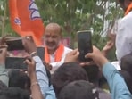 Telangana BJP chief Bandi Sanjay holds roadshow after release from Karimnagar district jail Friday morning on bail in the SSC paper leak case. (ANI)
