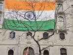 A 50-foot flag was hung outside the Indian High Commission in London after the March 19 violence by Sikh extremists. 
