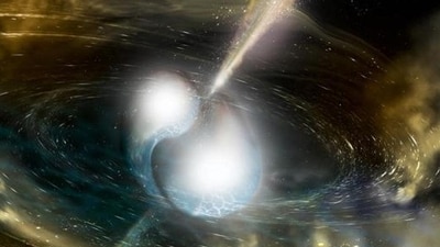 This image by the National Science Foundation show an artist's illustration of two merging neutron stars. The narrow beams represent the gamma-ray burst while the rippling space-time grid indicates the isotropic gravitational waves that characterise the merger. (AFP) This image by the National Science Foundation show an artist's illustration of two merging neutron stars. The narrow beams represent the gamma-ray burst while the rippling space-time grid indicates the isotropic gravitational waves that characterise the merger. (AFP)