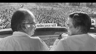 Atal Bihari Vajpayee and LK Advani at the newly formed BJP rally at Ramlila Maidan on April 6, 1980. (Ajit Kumar/HT Archive) Atal Bihari Vajpayee and LK Advani at the newly formed BJP rally at Ramlila Maidan on April 6, 1980. (Ajit Kumar/HT Archive)