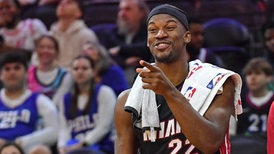 Miami Heat forward Jimmy Butler (22) on the bench late during the fourth quarter of win against the Philadelphia 76ers at Wells Fargo Center. Mandatory Credit: Eric Hartline-USA TODAY Sports (USA TODAY Sports via Reuters Con)