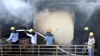 Gurugram, India-April 07, 2023: Fire fighters trying to douse off fire Okinawa Parts India Pvt Ltd company at village khandsa, Behrampur road near Haryana Roadways workshop, no one was injured in this fire, in Gurugram, India, on Friday, 07 April 2023. (Photo by Parveen Kumar/Hindustan Times) Gurugram, India-April 07, 2023: Fire fighters trying to douse off fire Okinawa Parts India Pvt Ltd company at village khandsa, Behrampur road near Haryana Roadways workshop, no one was injured in this fire, in Gurugram, India, on Friday, 07 April 2023. (Photo by Parveen Kumar/Hindustan Times)