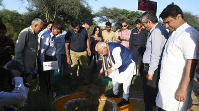 Gurugram, India-April 07, 2023: Manohar Lal Khattar, Chief Minister of Haryana planted a tree during the inaugration of rejuvenation and beautification of Sikandarpur water body at Sikandarpur village near Guru Dronacharya metro station, in Gurugram, in Gurugram, India, on Friday, 07 April 2023. (Photo by Parveen Kumar/Hindustan Times)