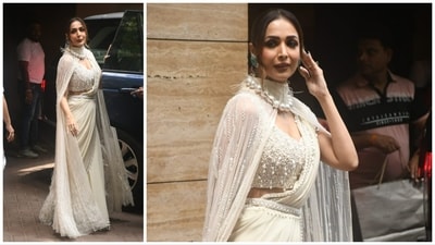 Malaika Arora was seen in a saree and cape on Friday. (Varinder Chawla) Malaika Arora was seen in a saree and cape on Friday. (Varinder Chawla)
