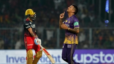 Sunil Narine reacts after dismissing RCB's Virat Kohli. (PTI) Sunil Narine reacts after dismissing RCB's Virat Kohli. (PTI)