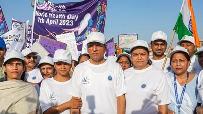 Union Minister of Health Mansukh Mandaviya and Union MoS for Health Bharati Pawar participate in a walkathon on World Health Day. (PTI) Union Minister of Health Mansukh Mandaviya and Union MoS for Health Bharati Pawar participate in a walkathon on World Health Day. (PTI)