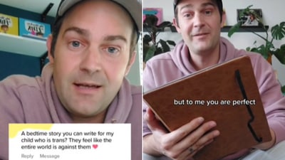 The image shows the author reading the 'bedtime story' he wrote for a trans kid on their parent's request. (Instagram/@scottcreates)