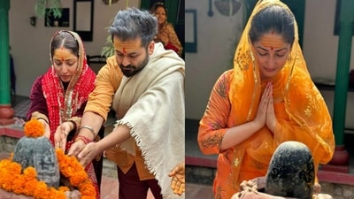 Actor Yami Gautam put up photos of herself praying alongside husband Aditya Dhar. Actor Yami Gautam put up photos of herself praying alongside husband Aditya Dhar.