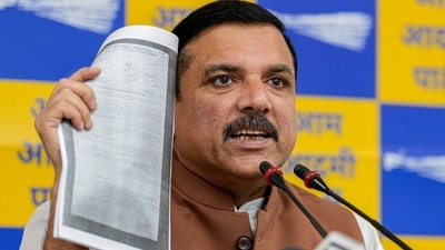 Aam Aadmi Party (AAP) leader Sanjay Singh addresses a press conference, in New Delhi, Friday. (PTI)