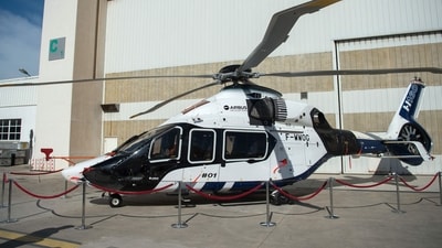 Photograph of an Airbus H160 helicopter on display at the Airbus Helicopters factory in Marignane, southern France. (AFP)
