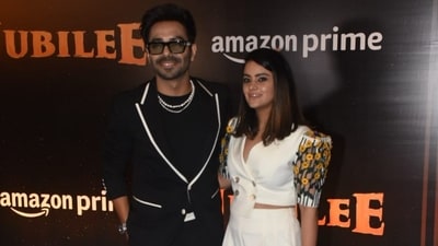 Aparshakti Khurana, who plays Binod Das in Jubilee, attended the show screening with wife Akriti Khurana. The couple was dressed in contrasting black and white. (Varinder Chawla) Aparshakti Khurana, who plays Binod Das in Jubilee, attended the show screening with wife Akriti Khurana. The couple was dressed in contrasting black and white. (Varinder Chawla)