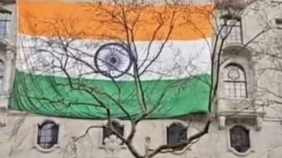 A 50-foot flag was hung outside the Indian High Commission in London after the March 19 violence by Sikh extremists.