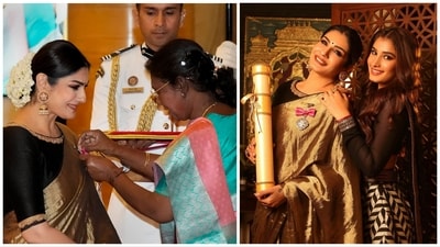 Raveena Tandon was conferred with the Padma Shri award by President Droupadi Murmu on Wednesday. Raveena Tandon was conferred with the Padma Shri award by President Droupadi Murmu on Wednesday.