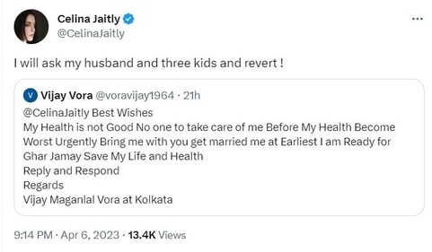 Celina Jaitly replied to a Twitter user. Celina Jaitly replied to a Twitter user.