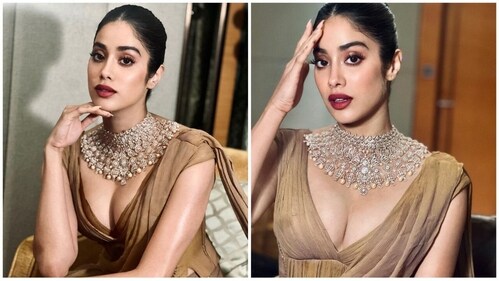 Janhvi Kapoor's pre-draped saree is a sight to behold, with its beautiful beige color and gorgeously draped silhouette. (Instagram/@Janhvikapoor) Janhvi Kapoor's pre-draped saree is a sight to behold, with its beautiful beige color and gorgeously draped silhouette. (Instagram/@Janhvikapoor)