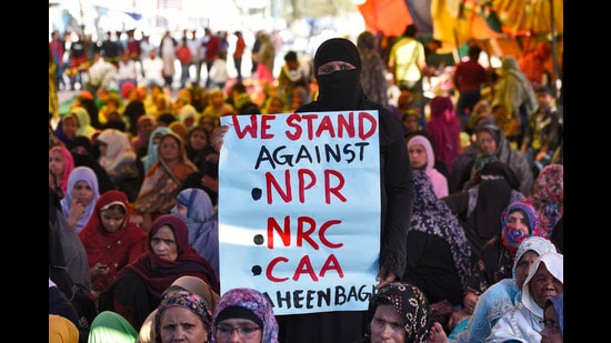 Protests against NPR, NRC and CAA in New Delhi on 26 February 2020. (Burhaan Kinu/HT PHOTO)