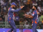 Lucknow: Lucknow Super Giants Captain K L Rahul and Amit Mishra celebrate after dismissal of Adil Rashid of SRH during the IPL 2023 cricket match between Lucknow Super Giants (LGS) and Sunrisers Hyderabad (SRH) at Bharat Ratna Shri Atal Bihari Vajpayee Ekana Cricket Stadium, in Lucknow, Friday, April 7, 2023. (PTI Photo/Vijay Verma) (PTI04_07_2023_000247A)