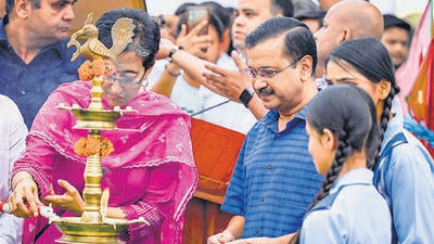 Arvind Kejriwal, along with education minister Atishi, at the foundation laying of school building blocks on Saturday. (Raj K Raj/ HT Photo) Arvind Kejriwal, along with education minister Atishi, at the foundation laying of school building blocks on Saturday. (Raj K Raj/ HT Photo)