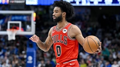 Apr 7, 2023; Dallas, Texas, USA; Chicago Bulls guard Coby White (0) brings the ball up court against the Dallas Mavericks during the first half at the American Airlines Center. Mandatory Credit: Jerome Miron-USA TODAY Sports (USA TODAY Sports via Reuters Con)