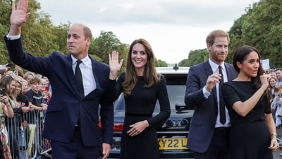 Prince Harry and Meghan Markle, the Duke and Duchess of Sussex, made a surprise appearance outside Windsor Castle with Prince William and Kate Middleton. (AFP) Prince Harry and Meghan Markle, the Duke and Duchess of Sussex, made a surprise appearance outside Windsor Castle with Prince William and Kate Middleton. (AFP)