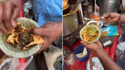 The image shows a street vendor at Delhi’s Chandni Chowk selling Bhindi Samosa. (Facebook/@Food lover) The image shows a street vendor at Delhi’s Chandni Chowk selling Bhindi Samosa. (Facebook/@Food lover)