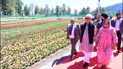 Lieutenant governor (LG) Manoj Sinha at the Tulip Garden in Ramban on Saturday. This is the first tulip garden in the Jammu region. (HT Photo) Lieutenant governor (LG) Manoj Sinha at the Tulip Garden in Ramban on Saturday. This is the first tulip garden in the Jammu region. (HT Photo)