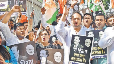 Mumbai, India - February 11, 2023: Mumbai Youth Congress workers under the leadership of party MLA Zeeshan Siddique protest against the Modi government over Gautam Adani row, outside Mumbai Regional Congress Commitee (MRCC) Office, Azad Maidan, Fort, in February. (Bhushan Koyande/HT Photo) Mumbai, India - February 11, 2023: Mumbai Youth Congress workers under the leadership of party MLA Zeeshan Siddique protest against the Modi government over Gautam Adani row, outside Mumbai Regional Congress Commitee (MRCC) Office, Azad Maidan, Fort, in February. (Bhushan Koyande/HT Photo)