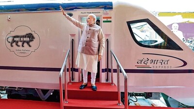 Prime Minister Narendra Modi during the flagging off ceremony of Vande Bharat Express in Hyderabad on Saturday. (PTI) Prime Minister Narendra Modi during the flagging off ceremony of Vande Bharat Express in Hyderabad on Saturday. (PTI)