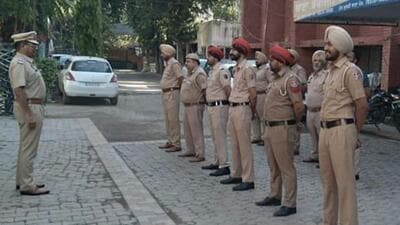 Police personnel during the roll call at the Division number 2 police station in Ludhiana. (H Photo)