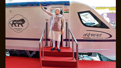 Prime Minister Narendra Modi during the flagging off ceremony of Vande Bharat Express in Hyderabad on Saturday. (PTI) Prime Minister Narendra Modi during the flagging off ceremony of Vande Bharat Express in Hyderabad on Saturday. (PTI)