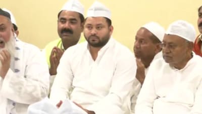 Rashtriya Janata Dal (RJD) leader and deputy chief minister Tejashwi Yadav (left) was among the prominent guest at event (ANI Photo) Rashtriya Janata Dal (RJD) leader and deputy chief minister Tejashwi Yadav (left) was among the prominent guest at event (ANI Photo)