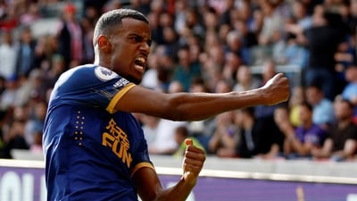 Newcastle United's Alexander Isak celebrates scoring their second goal. (Action Images via Reuters)
