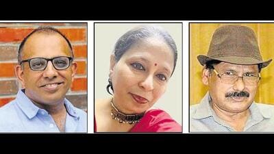TELLING TALES: Translators Arunava Sinha, Baran Farooqi and novelist Khalid Javed. (HT Photos) TELLING TALES: Translators Arunava Sinha, Baran Farooqi and novelist Khalid Javed. (HT Photos)