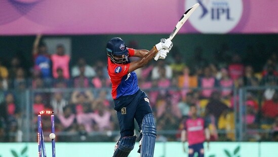 Delhi Capitals Lalit Yadav gets bowled during the IPL 2023 match at Barsapara Cricket Stadium in Guwahati(IndianPremierLeague twitter)