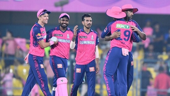 Rajasthan Royals' players celebrate after winning the IPL match against Delhi Capitals(AFP)