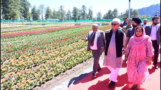 Lieutenant governor (LG) Manoj Sinha at the Tulip Garden in Ramban on Saturday. This is the first tulip garden in the Jammu region. (HT Photo)