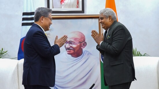 Vice President Jagdeep Dhankhar with Foreign Minister of the Republic of Korea Park Jin during a meeting at the Upa-Rashtrapati Nivas, (PTI)