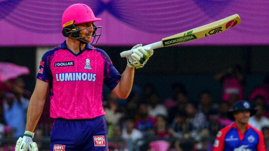 Rajasthan Royals batter Jos Buttler celebrates after scoring a half century during IPL 2023 match between against Delhi Capitals(PTI)