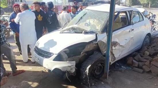 The car in which the victims were travelling when the accident occurred near Fazilka around Friday midnight. (HT Photo)