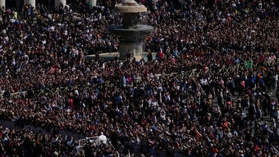 Pope Francis on the popemobile blesses the faithful in St. Peter's Square at The Vatican at the end of the Easter Sunday mass,&nbsp; (AP)