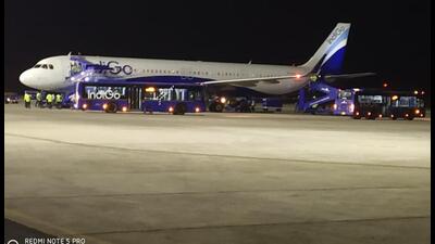 An Indigo flight from Delhi landed at Shirdi airport Saturday night and departed for Delhi 45 minutes later, marking the airport’s first night- landing and take-off operations. (HT PHOTO) An Indigo flight from Delhi landed at Shirdi airport Saturday night and departed for Delhi 45 minutes later, marking the airport’s first night- landing and take-off operations. (HT PHOTO)